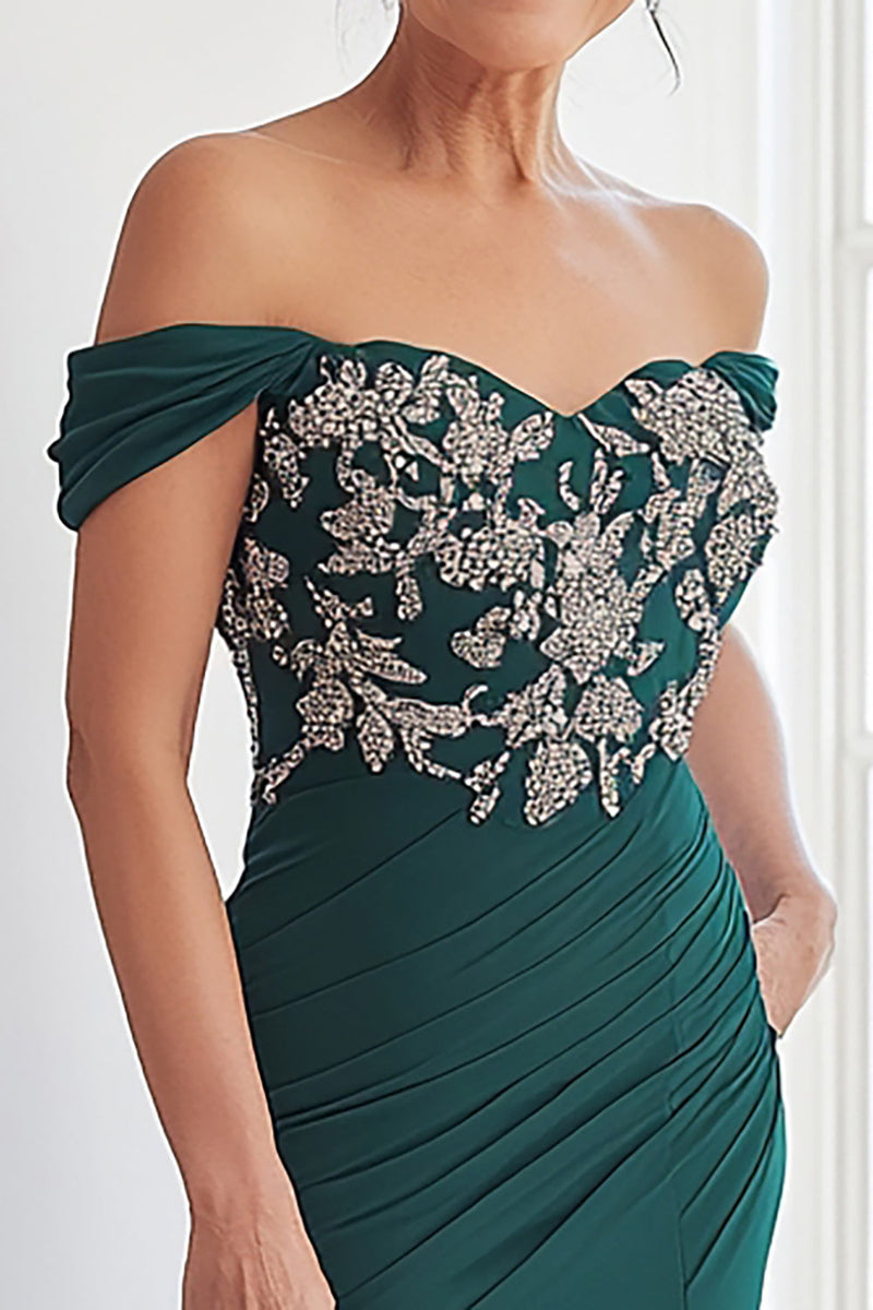 Load image into Gallery viewer, Dark Green Sheath Ruched Off The Shoulder Mother of the Bride Dress with Lace