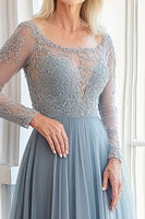 Load image into Gallery viewer, Grey Blue A Line Lace Boat Neck Mother of the Bride Dress with Tulle