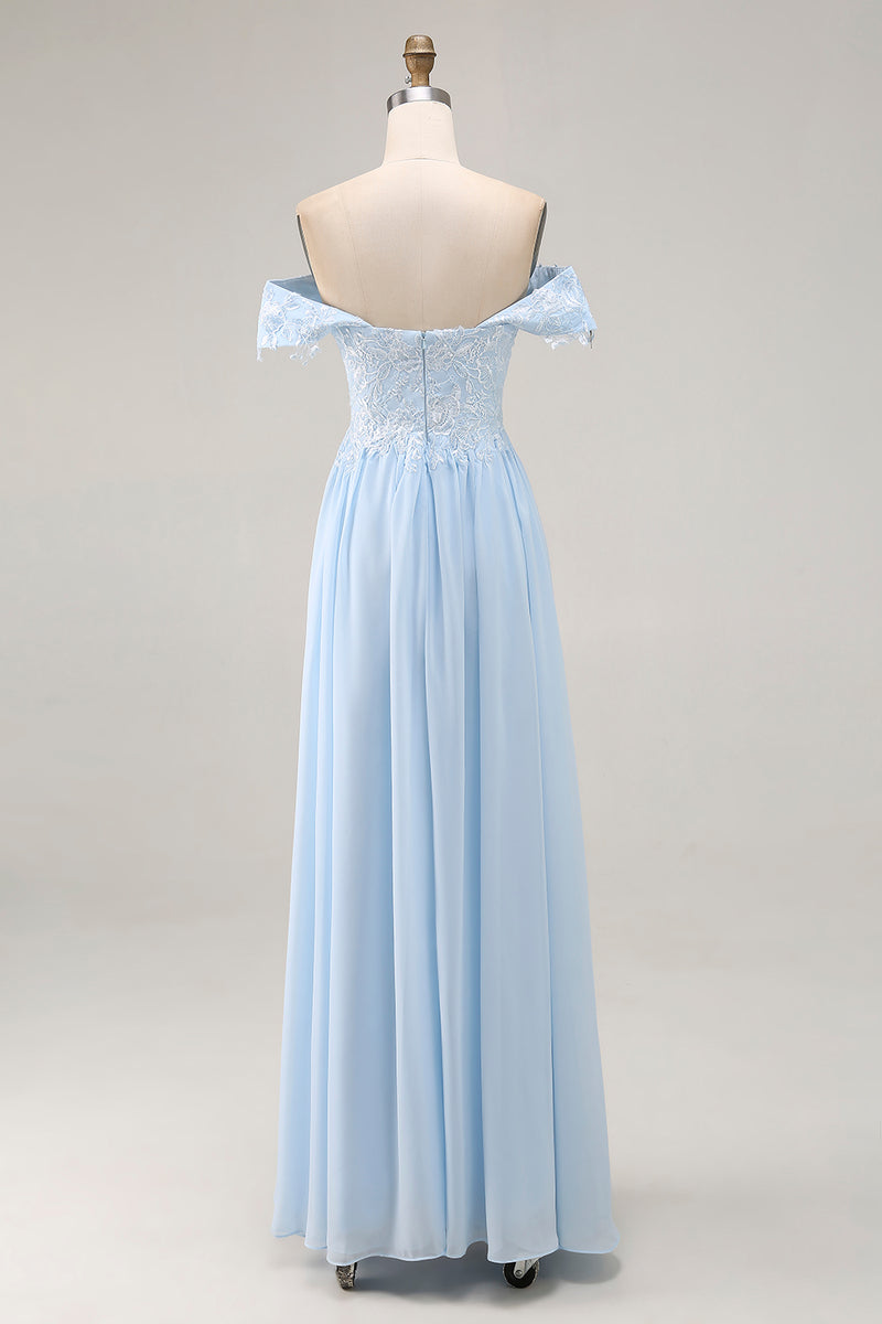 Load image into Gallery viewer, Sky Blue Off The Shoulder Mermaid Mother of the Bride Dress with Lace