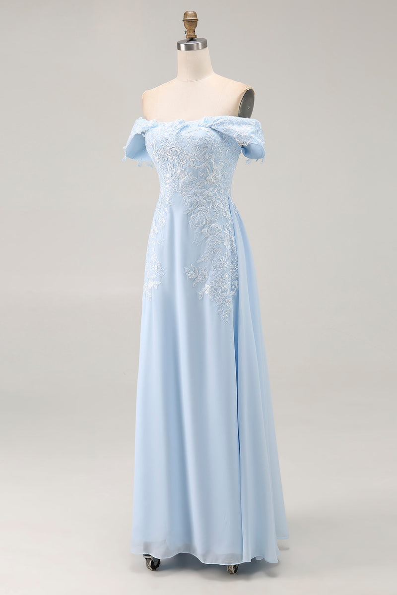 Load image into Gallery viewer, Sky Blue Mermaid Off The Shoulder Mother of the Bride Dress with Lace