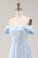 Load image into Gallery viewer, Sky Blue Mermaid Off The Shoulder Mother of the Bride Dress with Lace