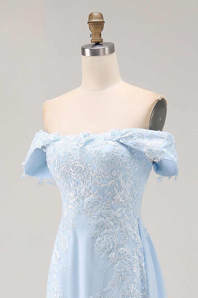 Load image into Gallery viewer, Sky Blue Mermaid Off The Shoulder Mother of the Bride Dress with Lace