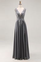 Load image into Gallery viewer, Charcoal A Line Lace V-Neck Mother of the Bride Dress with Slit