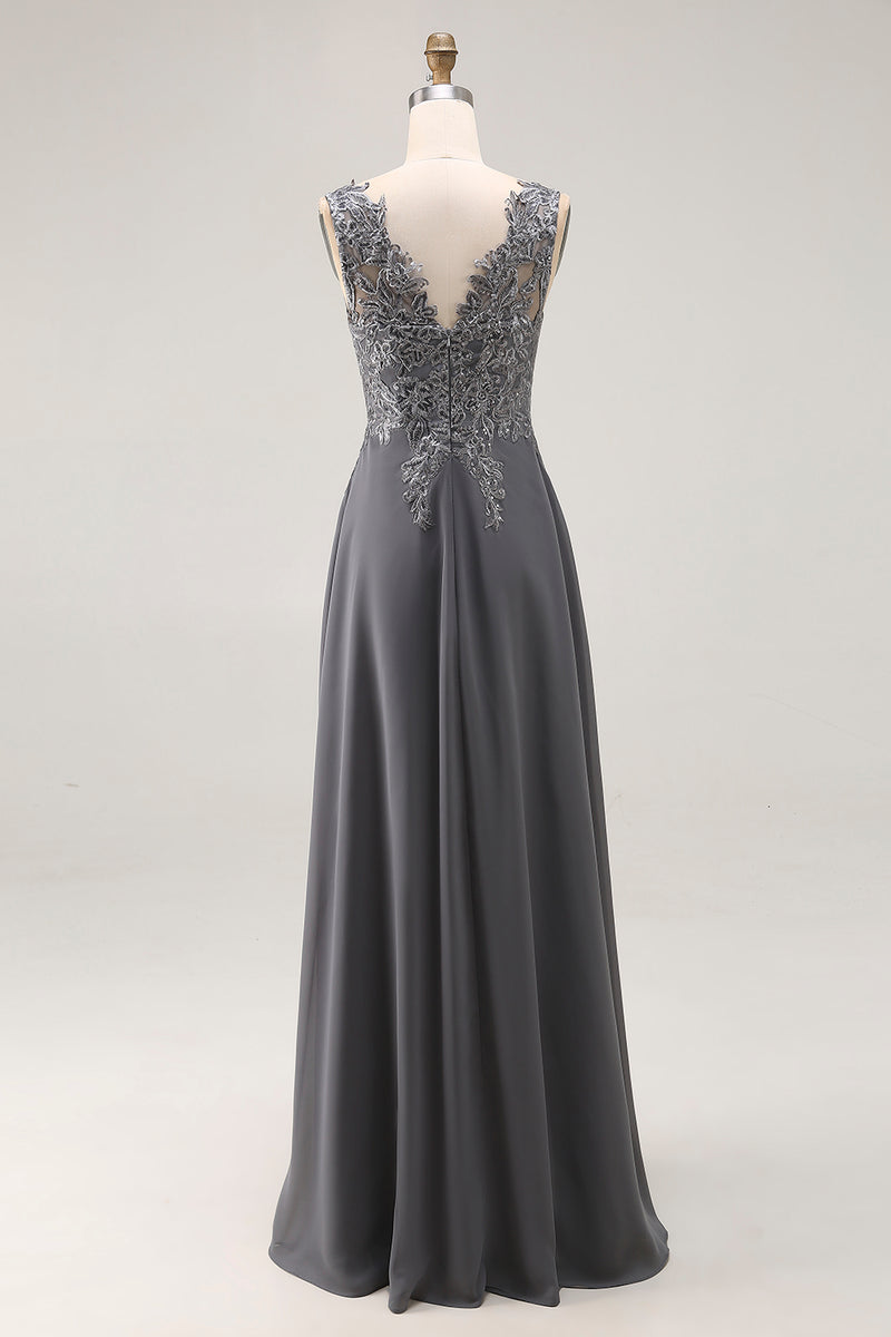 Load image into Gallery viewer, Charcoal A Line Lace V-Neck Mother of the Bride Dress with Slit