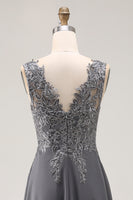 Load image into Gallery viewer, Charcoal Lace A Line V-Neck Mother of the Bride Dress with Slit