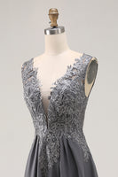 Load image into Gallery viewer, Charcoal Lace A Line V-Neck Mother of the Bride Dress with Slit