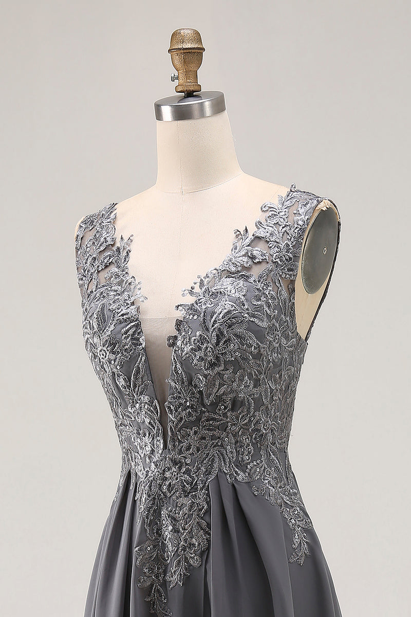 Load image into Gallery viewer, Charcoal Lace A Line V-Neck Mother of the Bride Dress with Slit