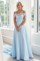 Load image into Gallery viewer, Chiffon Off The Shoulder Sky Blue A Line Mother of the Bride Dress with Appliques
