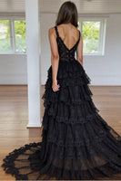 Load image into Gallery viewer, Black Lace Tiered Long Corset Prom Dress with Slit