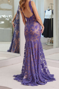 Dark Purple Mermaid V-Neck Backless Prom Dress with Lace
