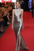 Load image into Gallery viewer, Queendancer Women Sparkly Grey Silver Sequin Formal Dress with Slit Mermaide Halter Keyhole Floor Length Red Carpet Dress