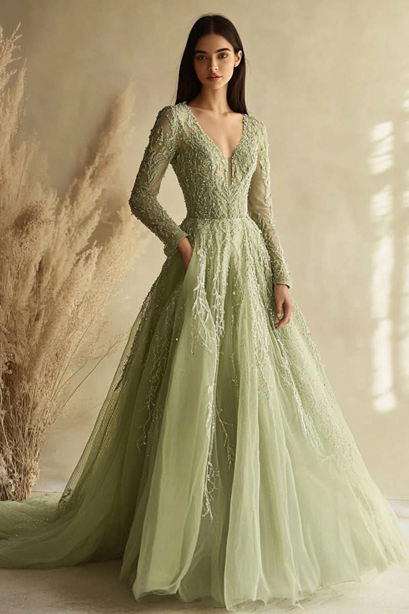 Load image into Gallery viewer, Women Dusty Sage V-Neck Appliqued Prom Dress with Long Sleeves A Line Tulle Ball Gown Dress