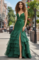Load image into Gallery viewer, Dark Green Ruffled Organza Lace Prom Dress with Slit