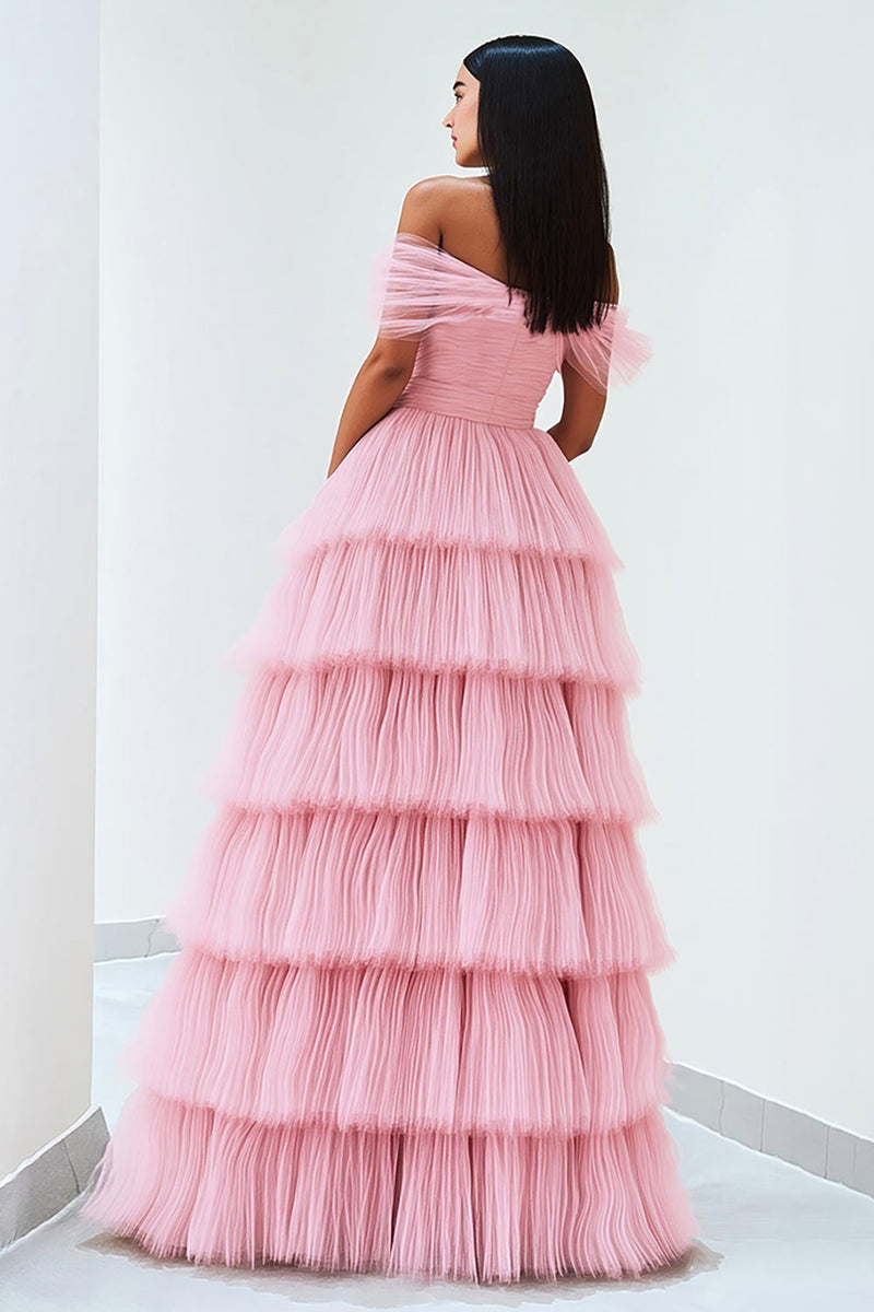 Load image into Gallery viewer, Pink Ruffled Off The Shoulder Ruched Prom Dress