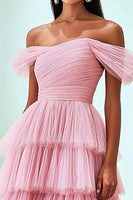 Load image into Gallery viewer, Pink Ruffled Off The Shoulder Ruched Prom Dress