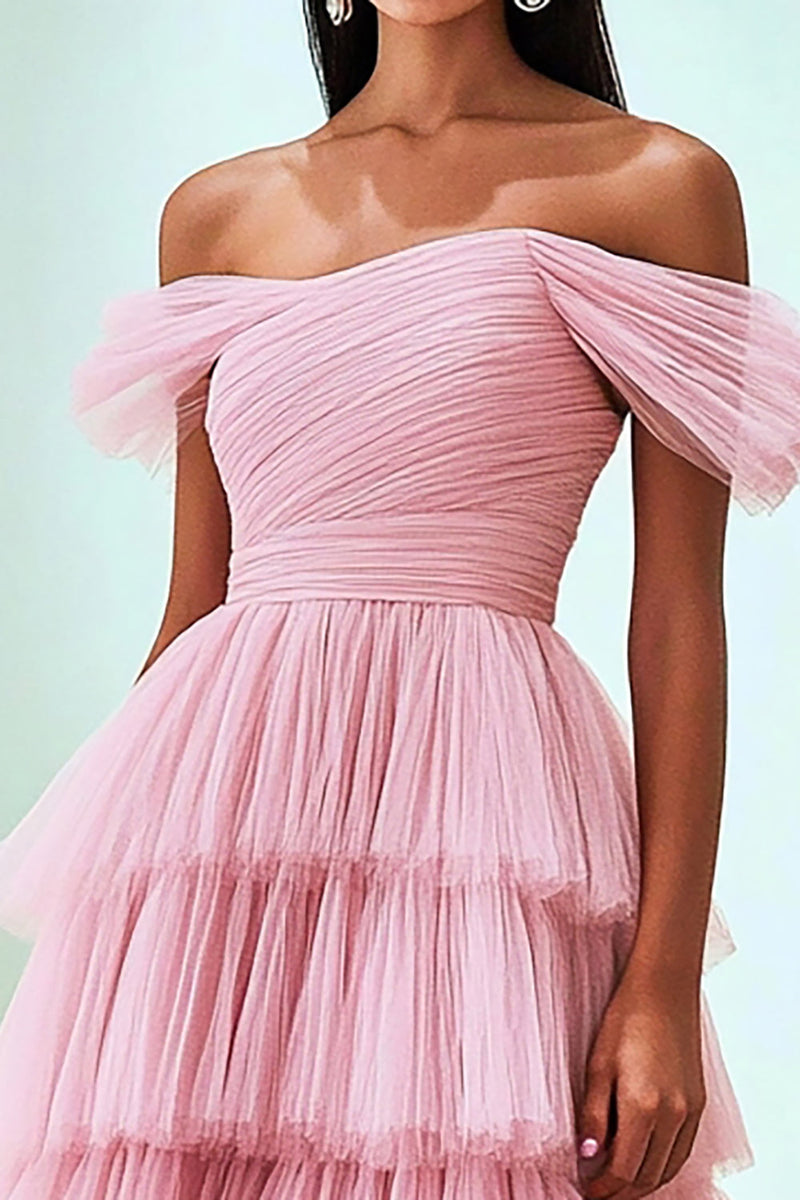 Load image into Gallery viewer, Pink Ruffled Off The Shoulder Ruched Prom Dress