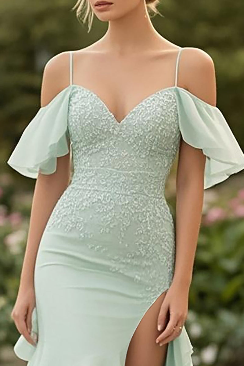 Load image into Gallery viewer, Mint Ruffled Cold Shoulder Prom Dress with Lace