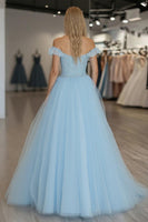 Load image into Gallery viewer, Sky Blue A Line Tulle Off the Shoulder Floor Length Prom Dress