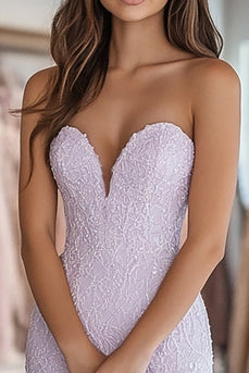 Lilac Lace Sheath Corset Strapless Long Prom Dress