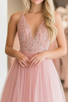 Glitter Pink Tulle A Line V-Neck Floor Length Prom Dress