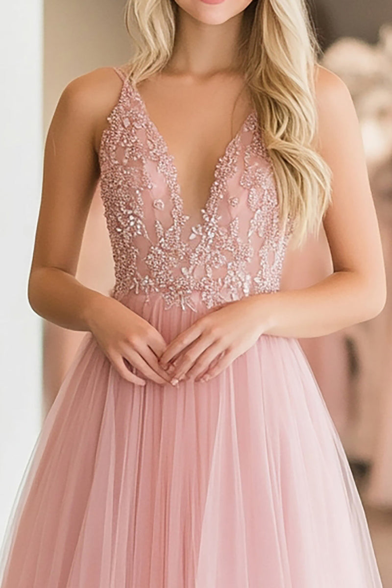 Load image into Gallery viewer, Glitter Pink Tulle A Line V-Neck Floor Length Prom Dress