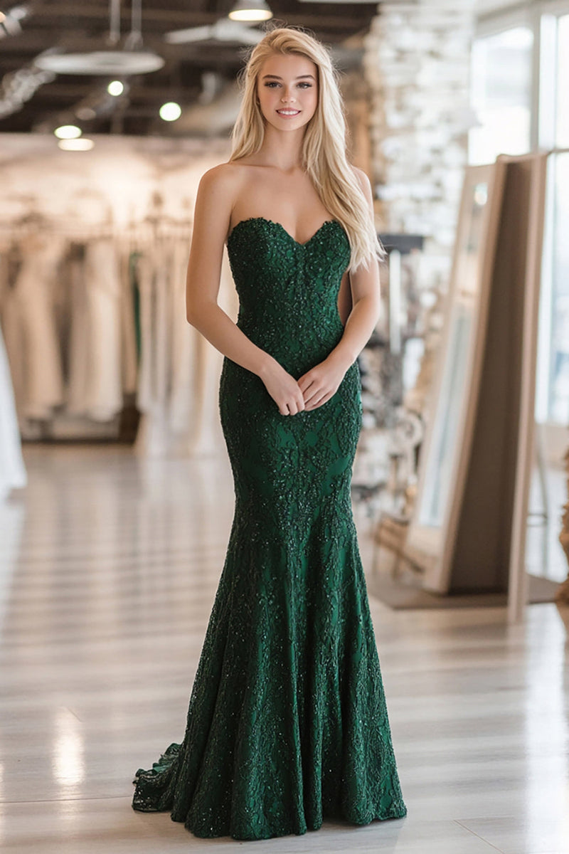 Load image into Gallery viewer, Lace Sweetheart Dark Green Mermaid Long Prom Dress