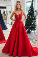 Load image into Gallery viewer, Red A Line Strapless Satin Long Prom Dress with Lace