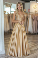 Load image into Gallery viewer, Gold Sweetheart Satin A Line Long Prom Dress with Beading