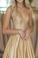 Load image into Gallery viewer, Gold Sweetheart Satin A Line Long Prom Dress with Beading