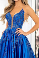 Load image into Gallery viewer, Royal Blue Ball Gown Satin Prom Dress with Lace Appliques