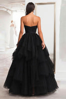Load image into Gallery viewer, Black Strapless Tulle Tiered Floor Length Prom Dress