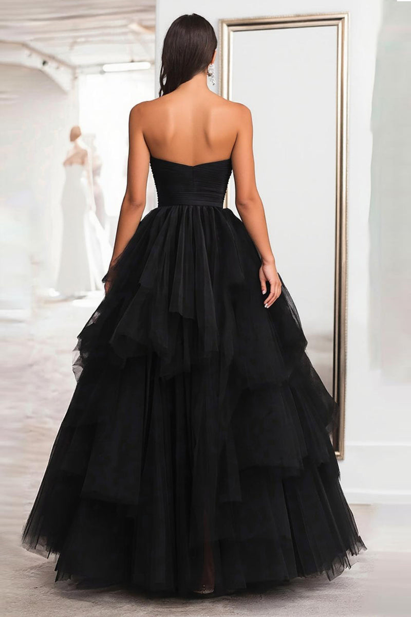 Load image into Gallery viewer, Black Strapless Tulle Tiered Floor Length Prom Dress