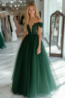 Load image into Gallery viewer, Dark Green Corset Off the Shoulder Long Prom Dress with Lace