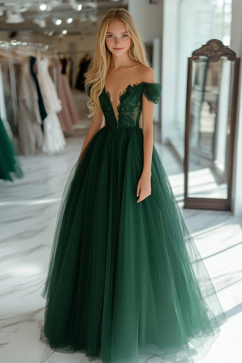 Load image into Gallery viewer, Dark Green Corset Off the Shoulder Long Prom Dress with Lace