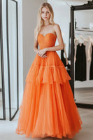 Load image into Gallery viewer, A Line Lace Orange Sweetheart Tiered Long Prom Dress
