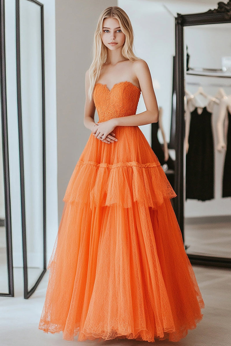 Load image into Gallery viewer, A Line Lace Orange Sweetheart Tiered Long Prom Dress