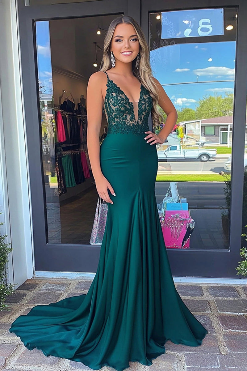 Load image into Gallery viewer, Dark Green Corset Sheath Long Prom Dress with Lace