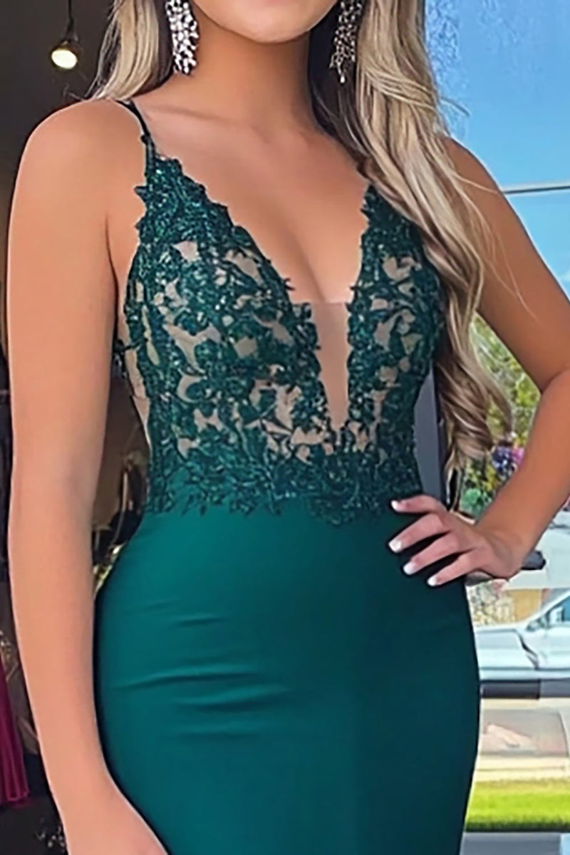 Load image into Gallery viewer, Dark Green Corset Sheath Long Prom Dress with Lace