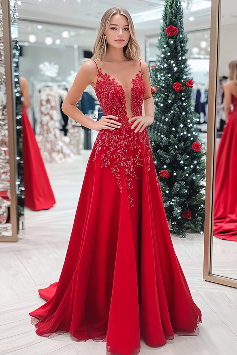 Load image into Gallery viewer, Floral Red Sparkly Satin V-Neck Long Prom Dress