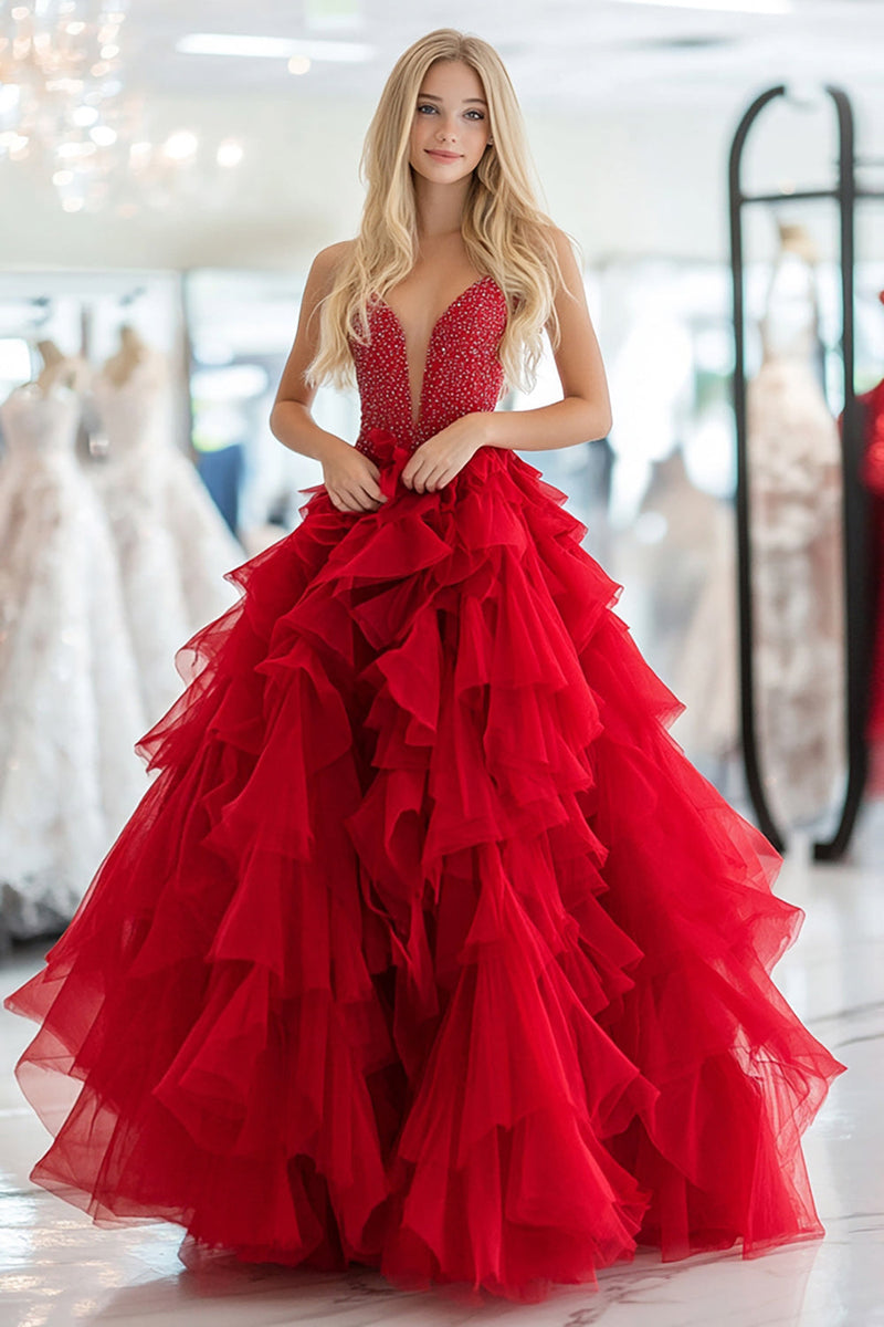 Load image into Gallery viewer, Sparkly Red Tulle Tiered Corset Prom Dress with Beading