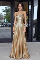 Load image into Gallery viewer, Women Sparkly Gold A Line Prom Dress Metallic Strapless Pleated Floor Length Formal Dress