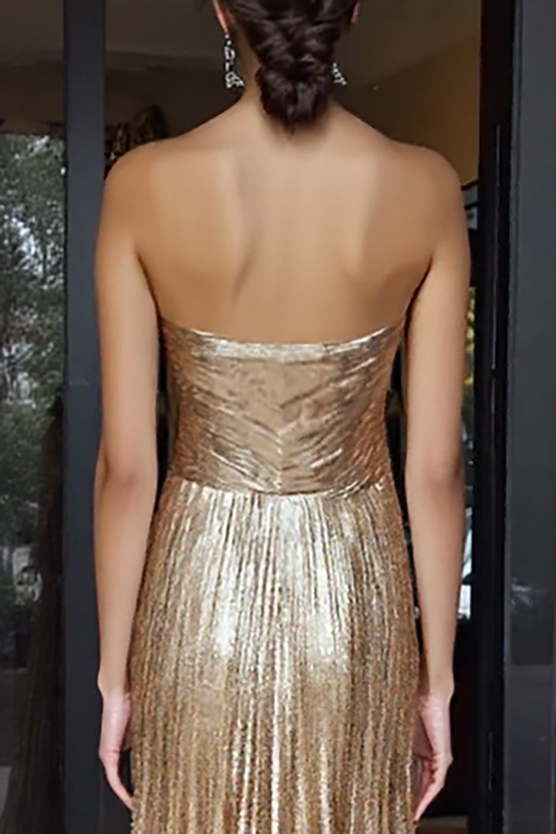 Load image into Gallery viewer, A Line Metallic Gold Strapless Maxi Prom Dress