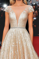 Load image into Gallery viewer, Champagne Deep V Neck Cap Sleeves A Line Lace Red Carpet Dress