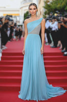 Load image into Gallery viewer, One Shoulder Sparkly Sky Blue A Line Long Formal Dress