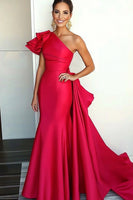 Load image into Gallery viewer, Watermelon One Shoulder Ruffled Sheath Gala Dress with Cape