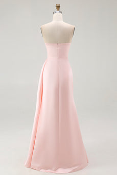 Elegant Pink Mermaid Strapless Satin Ruffled Long Gala Dress