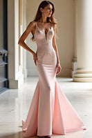Load image into Gallery viewer, Pink Mermaid Long Satin Prom Dress with Appliques