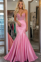Load image into Gallery viewer, Sparkly Pink Satin Strapless Mermaid Long Beaded Prom Dress