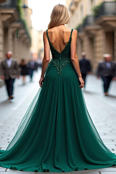 Dark Green A Line Tulle Long Prom Dress with Lace