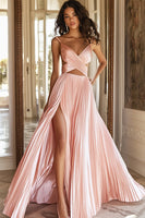 Load image into Gallery viewer, Pink Cut Out Pleated Long Prom Dress with Slit